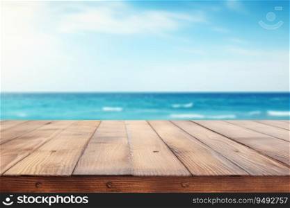 Wooden table top on blurred blue sea background