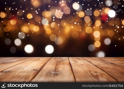 Wooden table top on blurred glittering background