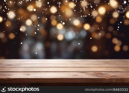 Wooden table top on blurred glittering background