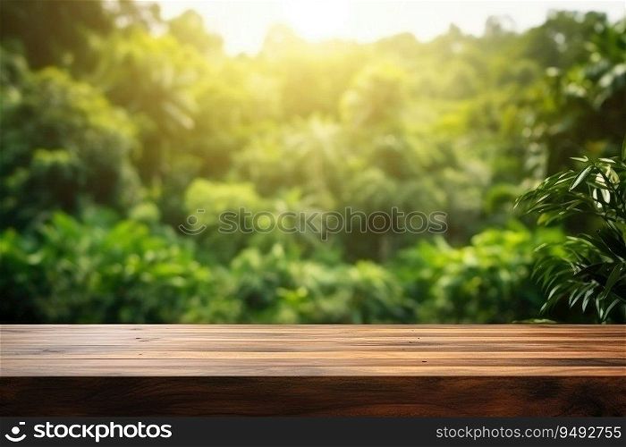 Wooden table top on blurred green jungle background - can be used for display or montage of your products. Wooden table top on blurred green jungle background