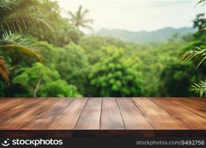 Wooden table top on blurred green jungle background - can be used for display or montage of your products