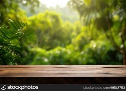 Wooden table top on blurred green jungle background - can be used for display or montage of your products