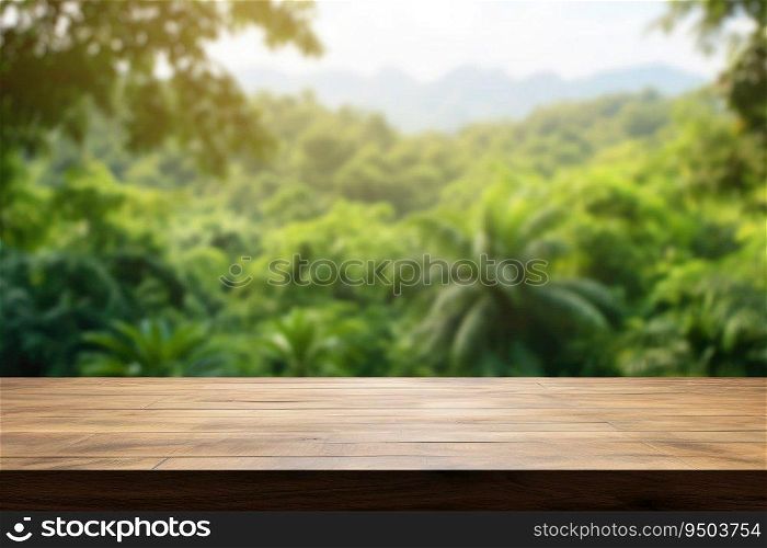 Wooden table top on blurred green jungle background - can be used for display or montage of your products. Wooden table top on blurred green jungle background