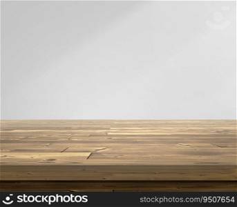 Wooden table top on room gray interiors background