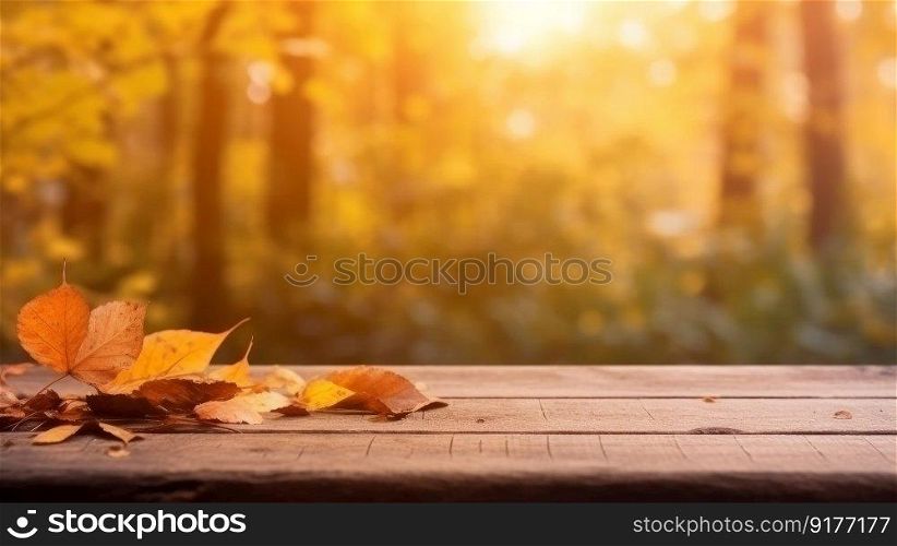 Wooden table with autumn background. Illustration Generative AI
