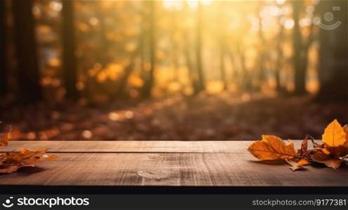 Wooden table with autumn background. Illustration Generative AI
