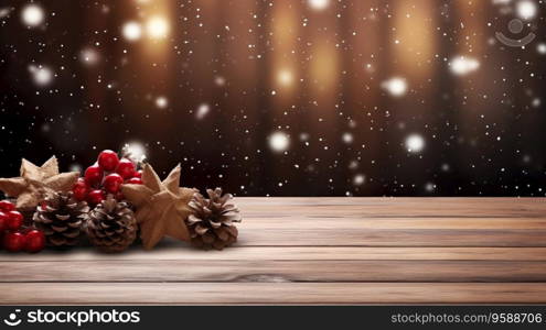Wooden table with christmas theme in background.