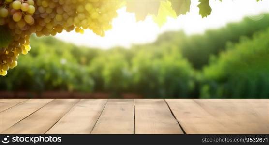Wooden table with fresh white grapes and free space for text
