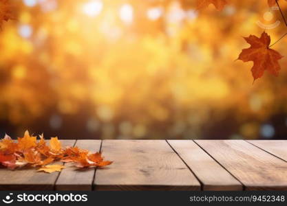 Wooden table with orange autumn leaves. Autumn background.. Wooden table with orange autumn leaves. Autumn background