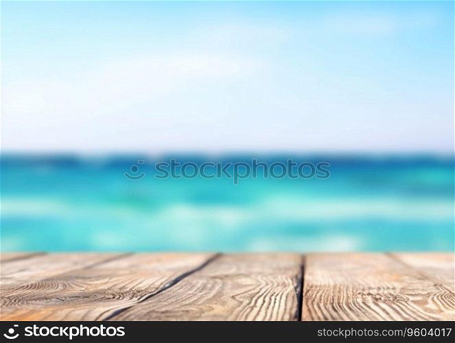 Wooden table with summer blue sea and sky background view.AI Generative