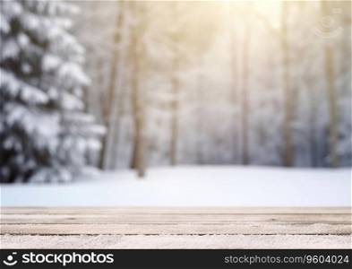 Wooden table with winter forest and sunset background view.AI Generative
