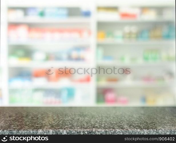 Wooden tabletop for products display with blurred of drugs store background