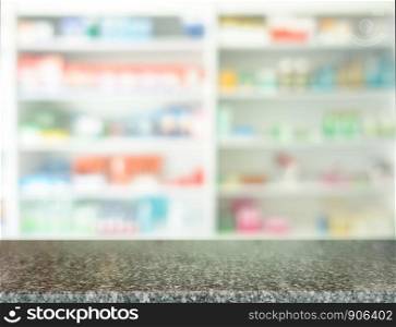 Wooden tabletop for products display with blurred of drugs store background