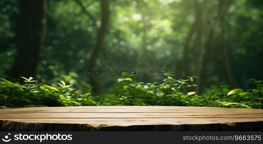 Wooden tabletop in the forest, background nature, There is space to place products.