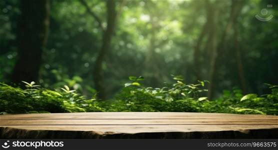 Wooden tabletop in the forest, background nature, There is space to place products.