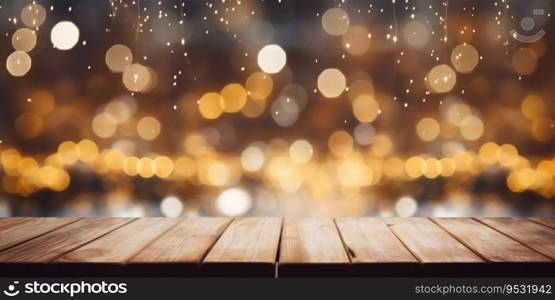 Wooden Tabletop Over Blurred Christmas Market Lights. Generative ai. High quality illustration. Wooden Tabletop Over Blurred Christmas Market Lights. Generative ai