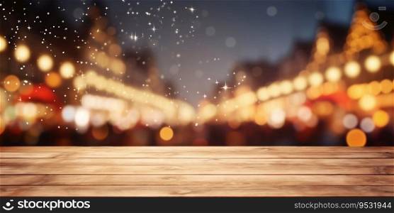 Wooden Tabletop Over Blurred Christmas Market Lights. Generative ai. High quality illustration. Wooden Tabletop Over Blurred Christmas Market Lights. Generative ai