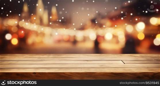 Wooden Tabletop Over Blurred Christmas Market Lights. Generative ai. High quality illustration. Wooden Tabletop Over Blurred Christmas Market Lights. Generative ai