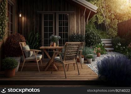 wooden terrace with comfortable garden chairs in cozy backyard with lawn, created with generative ai. wooden terrace with comfortable garden chairs in cozy backyard with lawn