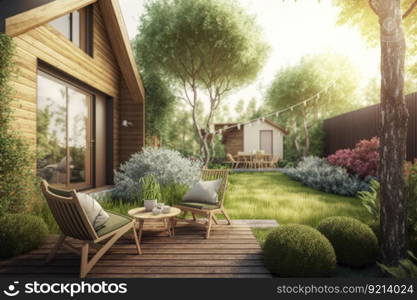 wooden terrace with comfortable garden chairs in cozy backyard with lawn, created with generative ai. wooden terrace with comfortable garden chairs in cozy backyard with lawn
