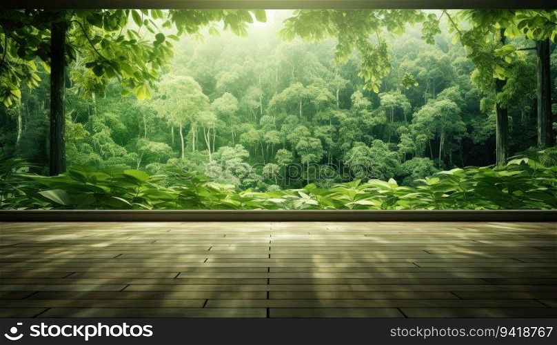 Wooden terrace with forest view and sunlight. 3d rendering