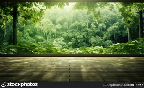Wooden terrace with forest view and sunlight. 3d rendering