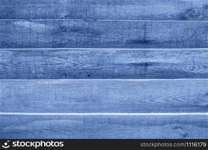 Wooden texture for background or mock up. Blue wood texture close up. Barn wall texture or rustic fence Banner toned in classic blue - color of the 2020 year. Toned blue flat wood banner billboard or signboard.