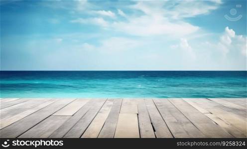Wooden texture table with blue sea and bright sky in summer background. Generative AI AIG21.