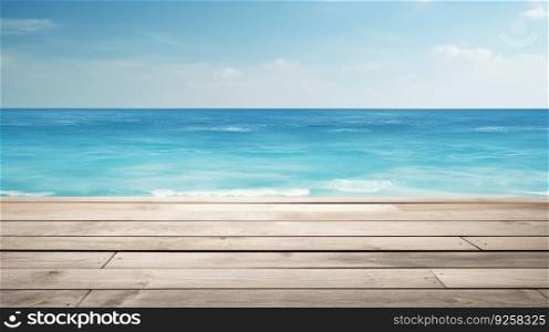 Wooden texture table with blue sea and bright sky in summer background. Generative AI AIG21.