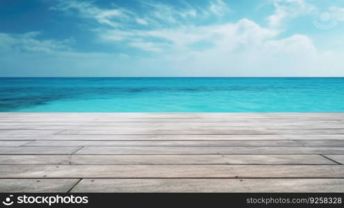 Wooden texture table with blue sea and bright sky in summer background. Generative AI AIG21.