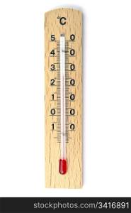 Wooden thermometer closeup on white background