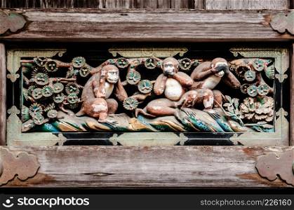 Wooden three wise monkeys of Nikko Toshogu Shrine, Tochigi, Japan