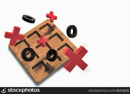 Wooden tic tac toe game on white background. Red crosses and black noughts. 3D illustration