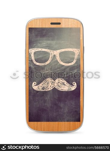 wooden touch screen mobile phone with hipster glasses and moustache