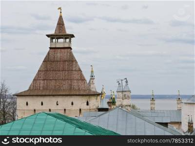 Wooden tower of Rostov Kremlin in Rostov Velikiy, Russia.