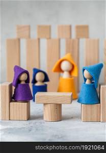 Wooden Toy Construction with ecologically wooden blocks manufactured from sustainable timbers. Wood elements for kids mental development and education. Montessori toys