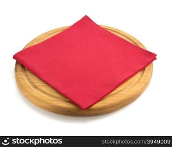 wooden tray and napkin isolated on white background