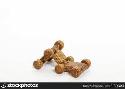 wooden trolley or train, children's toy, has 8 wheels, is isolated on a white background.