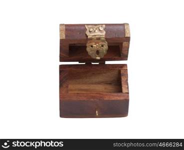 Wooden trunk with gold isolated on white background