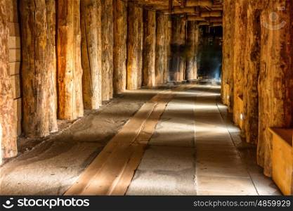 Wooden underground corridor in a old salt mine