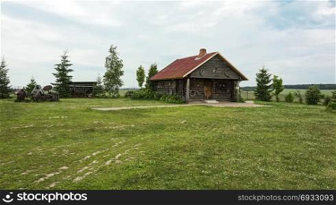 Wooden village house with a red roof on the lawn on a cloudy day