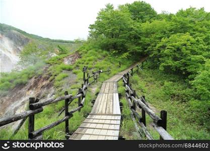 Wooden walkway with stream from hot spring in Noboribetsu