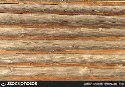 Wooden wall of natural brown logs, background texture