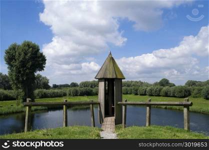 Wooden watchtower on the defensive wall around Loevestein castle in the Dutch province Gelderland. Watchtower Loevestein near Poederoijen