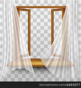 Wooden window frame with curtains on a transparent background. Vector