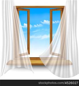 Wooden window frame with curtains on a transparent background. Vector