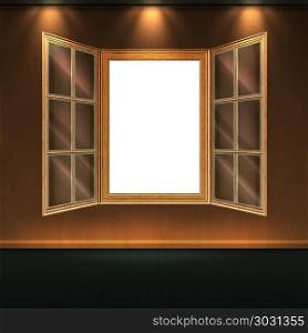 Wooden Window in Room. Grunge room interior and wooden window illustration.