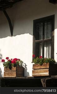 Wooden window of old white country-house facade with flowerpots