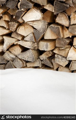 woodpile after snowing. Copy space