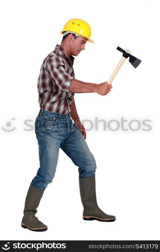 Woodworker with a hatchet